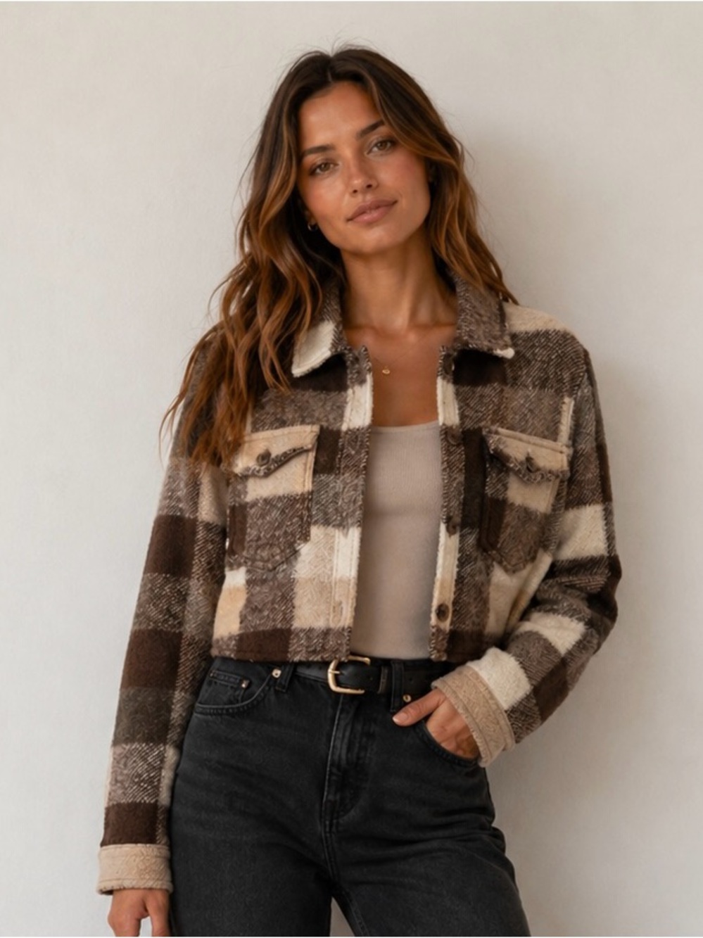 House Of Harlow 1960 Plaid Cropped  Brown Cream Wool Jacket Size XS